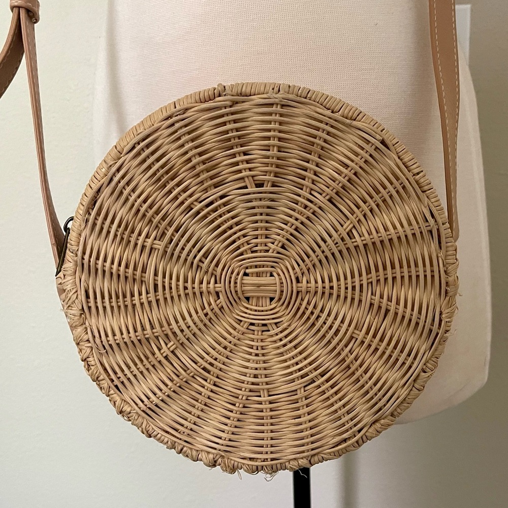 Round Woven Tan Crossbody Bag